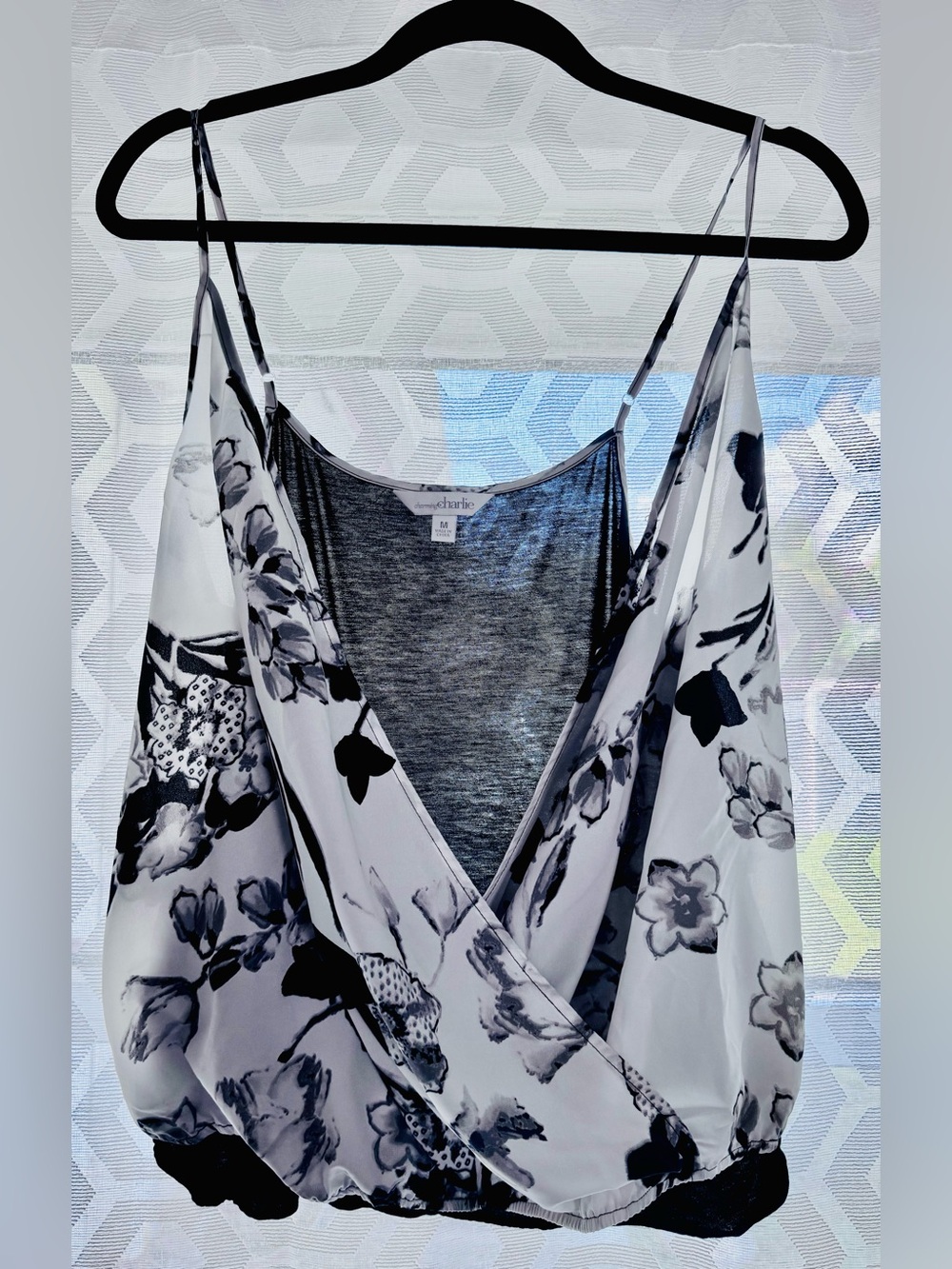 Charming Charlie Black & White Floral Wrap Cami